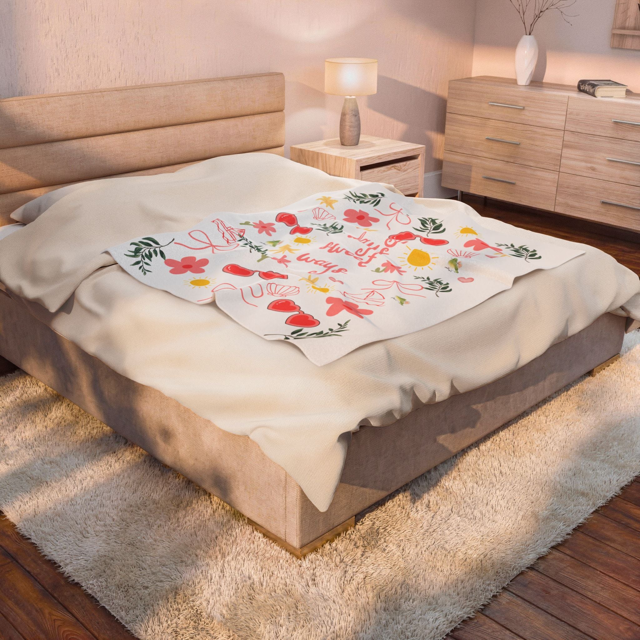 Velveteen Blanket — “Sunny Days & Sweet Ways” Floral Heart Plush Throw