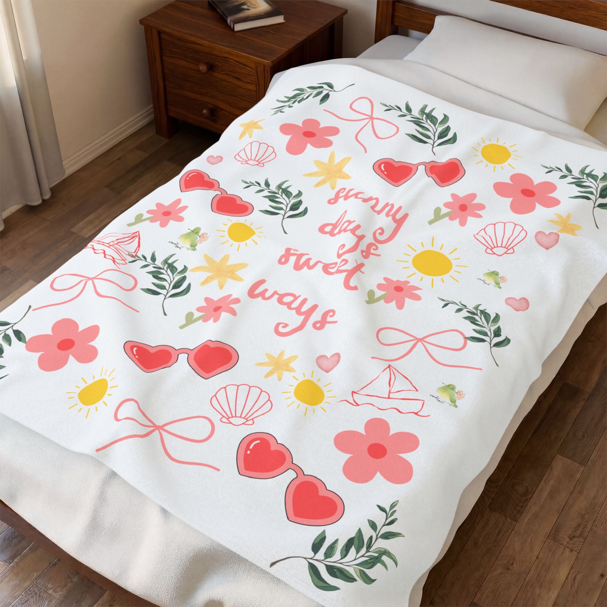 Velveteen Blanket — “Sunny Days & Sweet Ways” Floral Heart Plush Throw