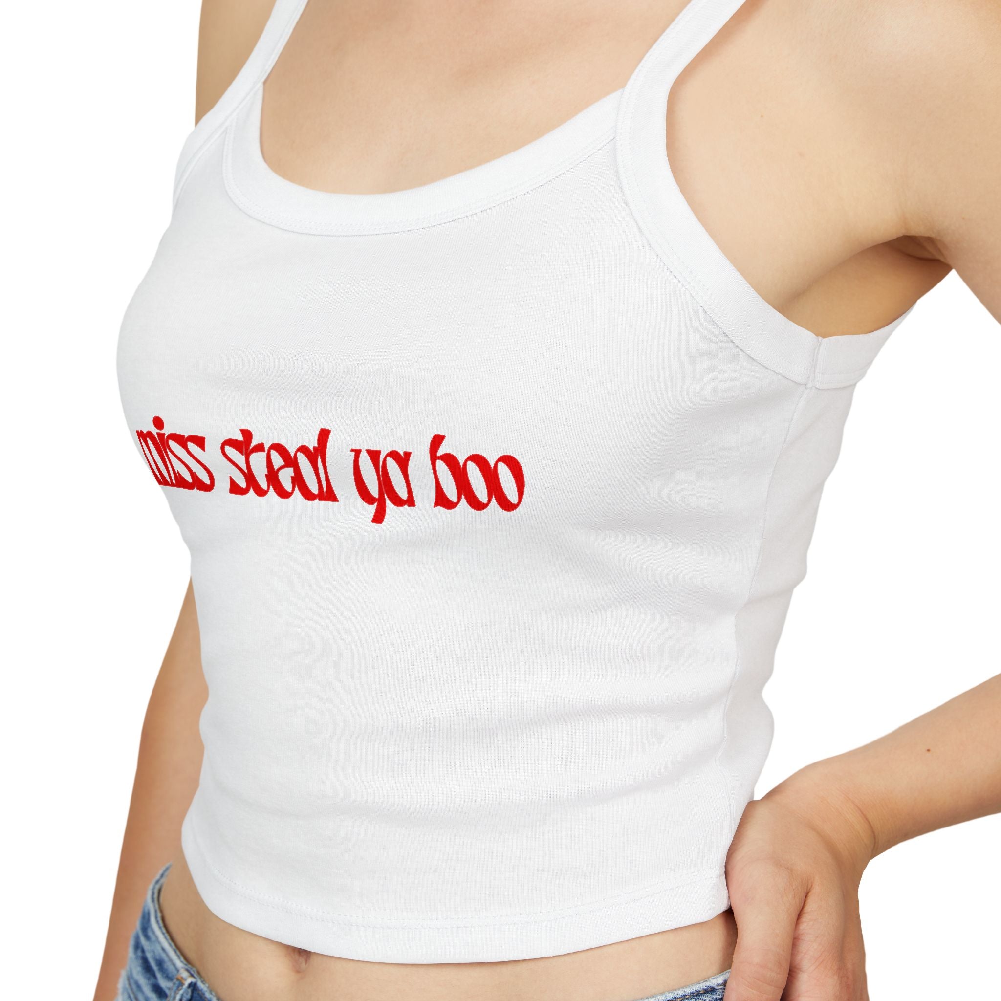 Spaghetti Crop Tank Top — "Miss Start Ya Boo" Red Gothic Script