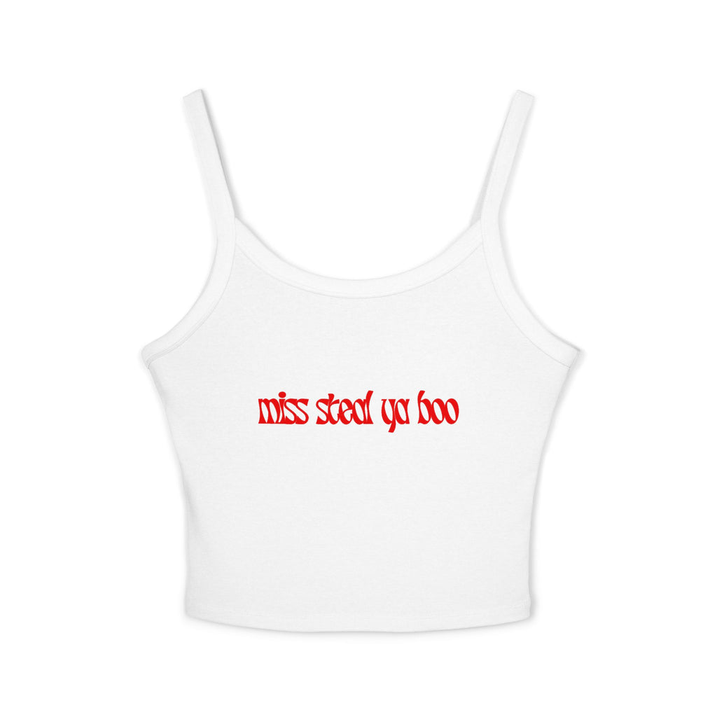 Spaghetti Crop Tank Top — "Miss Start Ya Boo" Red Gothic Script