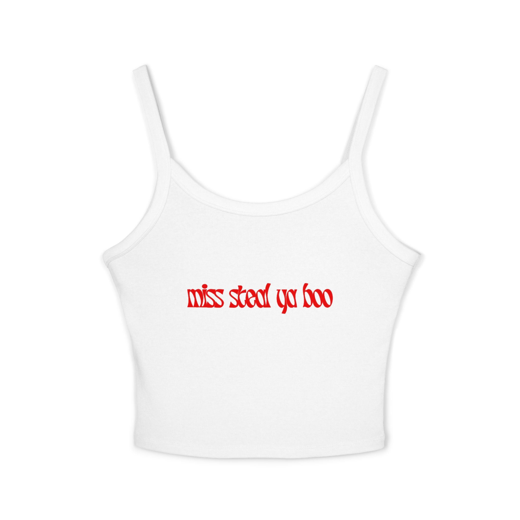 Spaghetti Crop Tank Top — "Miss Start Ya Boo" Red Gothic Script